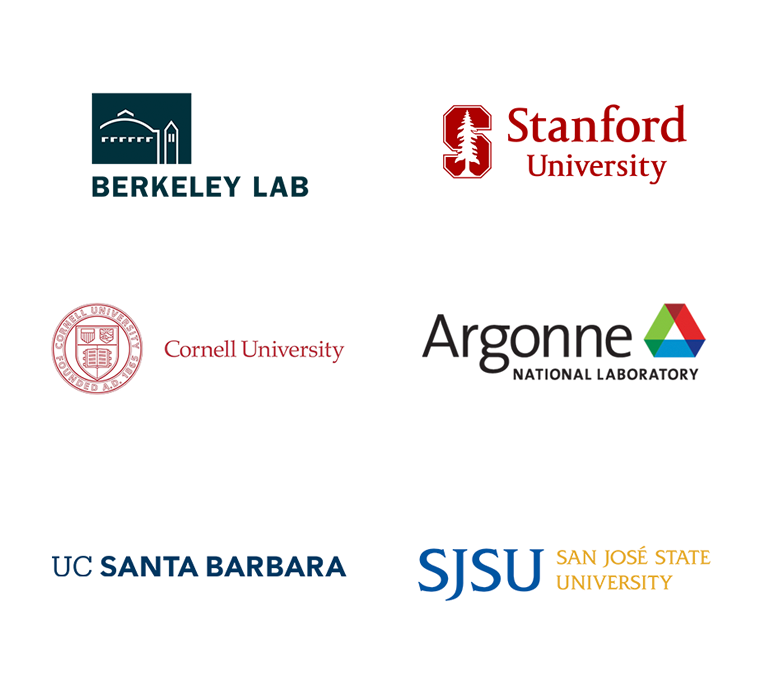 Logos from participating locations including Berkeley Lab, Stanford University, Cornell University, Argonne National Laboratory, UC Santa Barbara, San Jose State University